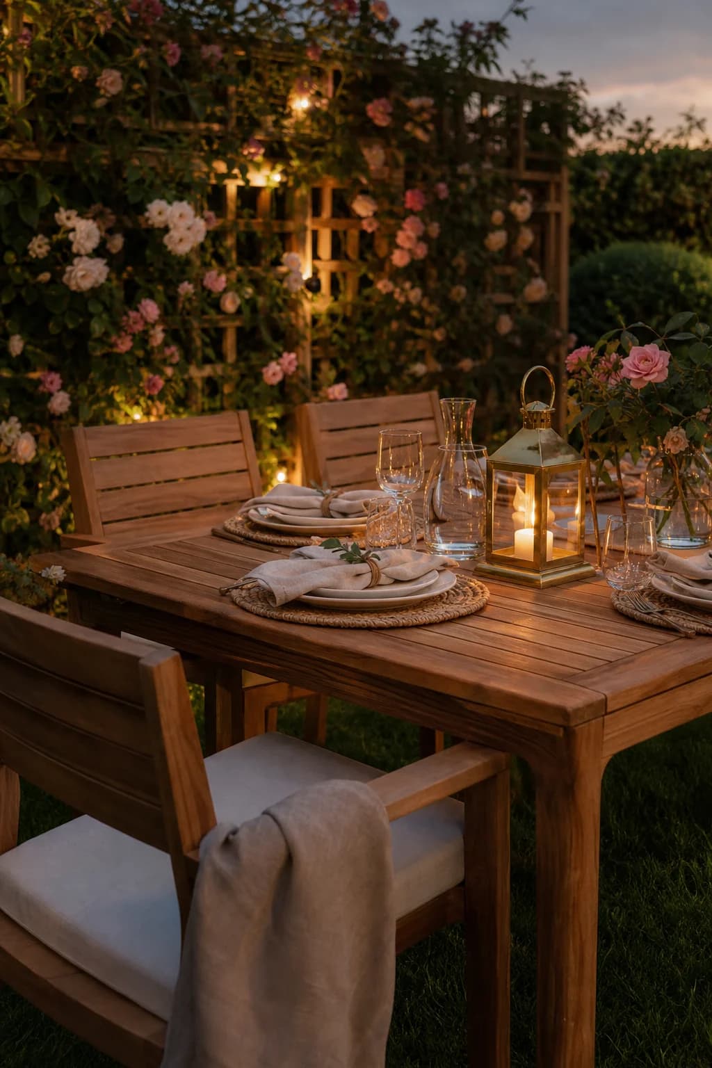 Teak garden dining set laid for an evening meal beneath climbing roses