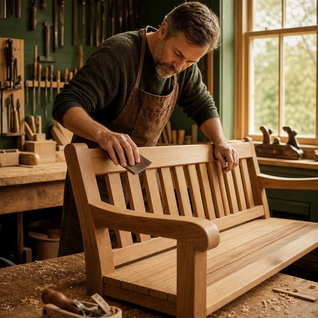 Craftsman sanding a timber garden bench in a sunlit workshop